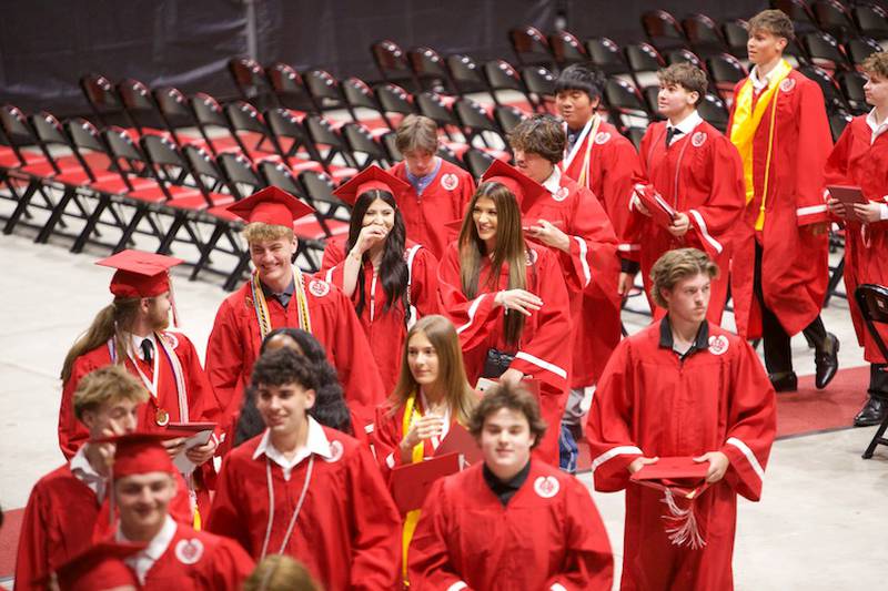 Yorkville High School Graduates are all smiles  leaving the Commencement Ceremony at NIU Convocation Center on Friday, May 16, 2025 in DeKalb.