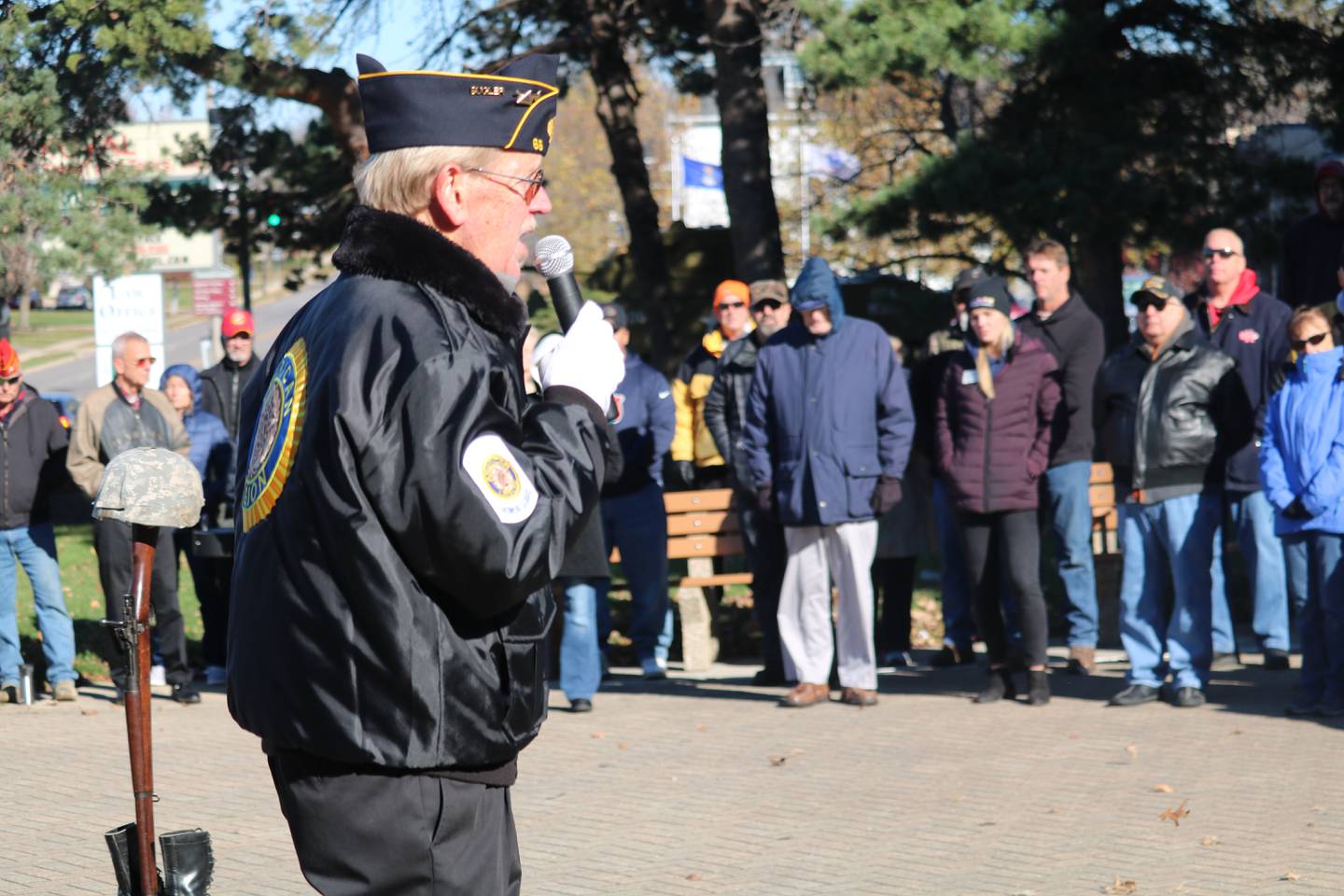 Michael Embrey, the ceremony's host and a local veteran, gives remarks Nov. 11, 2022 at a Veterans Day Ceremony in downtown DeKalb.