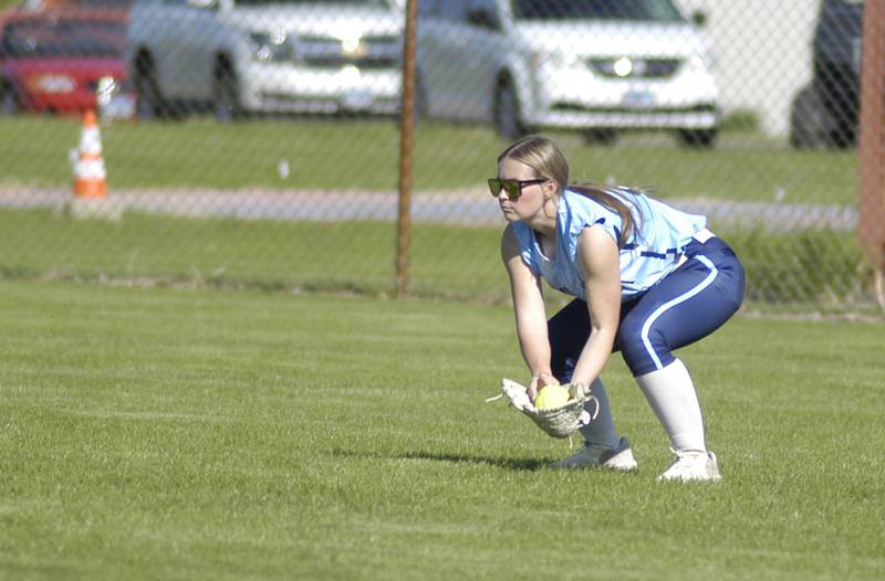 A Bureau Valley outfielder scoops the ball. The Bureau Valley Storm traveled to Morrison for a game against the Fillies on Friday, May 9th, 2025.