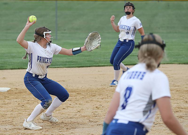 Princeton short stop Makayla Hecht fires to first for an out in Monday's regional quarterfinal against Mendota.