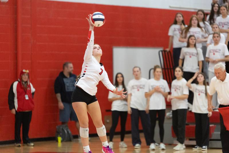 Naperville Centrals Zoey Horn serves a ball against St. Charles North at the Class 4A Regional Final on Thursday, October 30,2025 in Naperville.