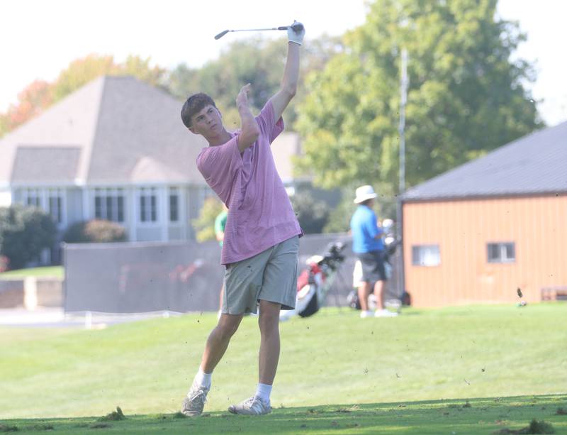Yorkville's Pierce Reilly tees off during the Pirate Invitational on Monday, Sept. 15, 2025 at Deer Park Golf Club in Oglesby.