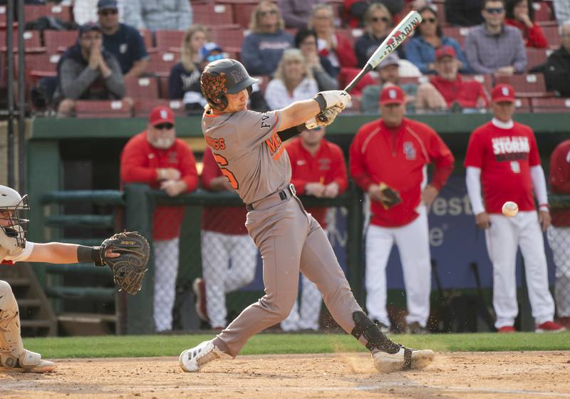 McHenry's Kyle Maness connects with the ball during the boys baseball Class 4A Kane County Cougars Supersectional against South Elgin  on Monday, June 9, 2025 at Northwestern Medicine Field in Geneva. Ryan Rayburn for Shaw Local