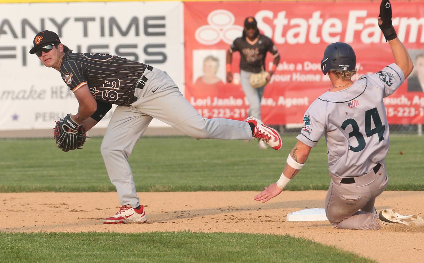Alton River Dragons Bret Yarger is forced out at second base by Illinois Valley Pistol Shrimp's Kyle Gibson of Niles on Thursday, June 5, 2025 at Schweickert Stadium in Peru.