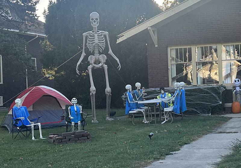 These skeletons camp out in the 800 block of 13th Avenue on Monday, Oct. 27, 2025 in Mendota.