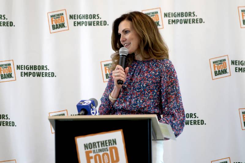 Julie Yurko, president and CEO of the Northern Illinois Food Bank, addresses donors, volunteers and staff as part of the food bank’s 40th Anniversary Inaugural Founder’s Day event in Geneva on Thursday, May 18. 2023.