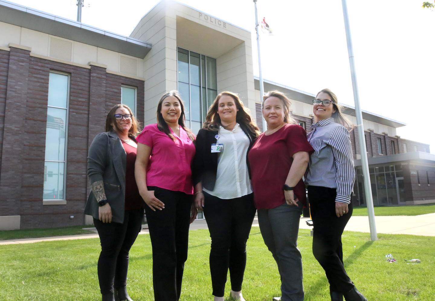 (From left) Cassie Hill, police social worker BA, Aracely Carrillo, police social worker BA, Bridgette Maurino, crisis manager licensed clinical social worker, Megan Nolan, police social worker licensed social worker and Ashley Maki, team lead licensed clinical social worker, Wednesday, May 8, 2025, at the DeKalb Police Department.