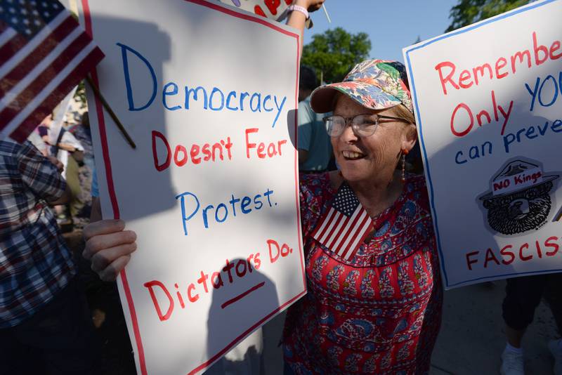 Cathy Terwedow of La Grange Park participates in the nationwide No Kings Day Rally held in LaGrange Saturday June 14, 2025.