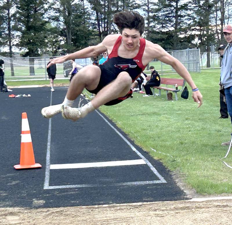 Forreston's Jonathan Milnes won the long jump at the Hall of Fame Hawk Classic on Friday, May 2, 2025 at the Landers-Loomis Field in Oregon.
