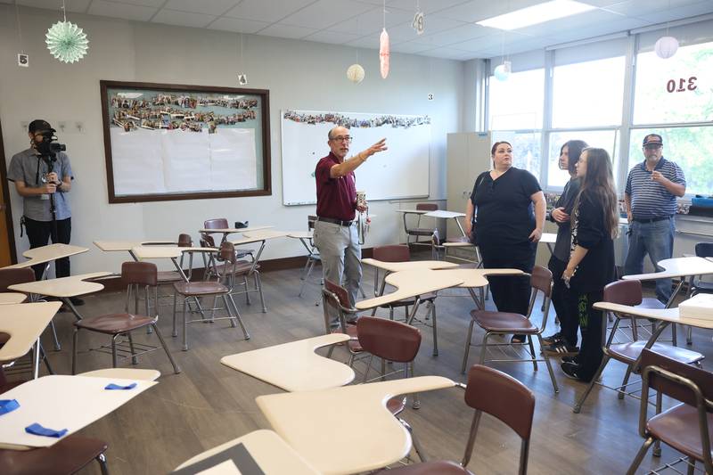 Lockport Township High School District 205 Superintendent Dr. Robert McBride stands in the classroom where a large section of plaster fell through the ceiling in 2023 at the reopening celebration of the Lockport High School Central Campus on Friday, Aug. 16, 2024.