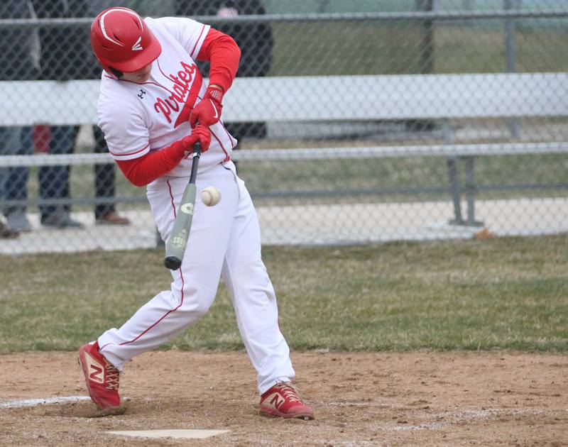 Ottawa's Branden Aguirre connects on a ground out against St. Bede on Wednesday, March 22, 2023 at Ottawa High School.