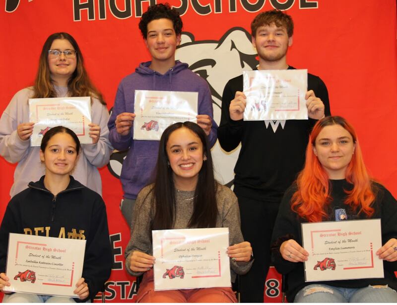 Streator High School December 2023 students of the month pictured are (front, from left) Isabella Katrein-Cinotto, Ophelia Orozco, Emylia Summers, (back from left) Angelina Dufur, Klay Schaffner and Seth Stewart. Not Pictured are Keira Eddards, Katlynn Monaghan, Avery Winstead and Phoenix Sixtos.