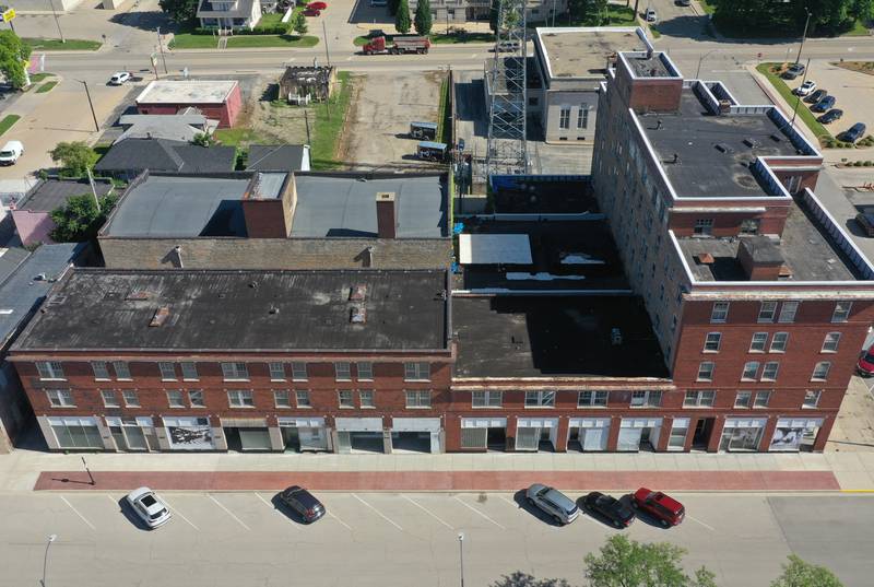 An aerial view of the Hotel Kaskaskia on Thursday, June 16, 2022 downtown La Salle. City of La Salle officials obtained a search warrant of the property and toward the facility.