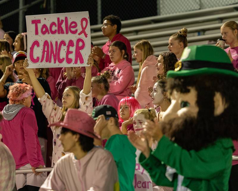 Seneca student section wears pink in honor of 'Pink Night' supporting Breast Cancer Awareness Month on Friday, Oct. 10, 2025 at Seneca High School in Seneca.