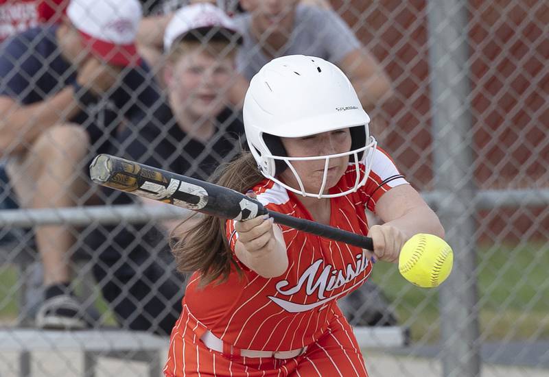 Milledgeville’s Loren Meiners puts down a bunt against Morrison Tuesday, May 13, 2025.