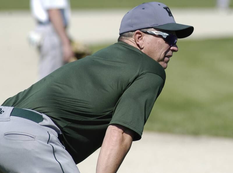 Rock Falls Rockets head coach Donnie Chappell coaches third base. The action took place in the 2A Regiona baseball game at Larry Ybarra field at Newman High School, Saturday, May 18th 2024.