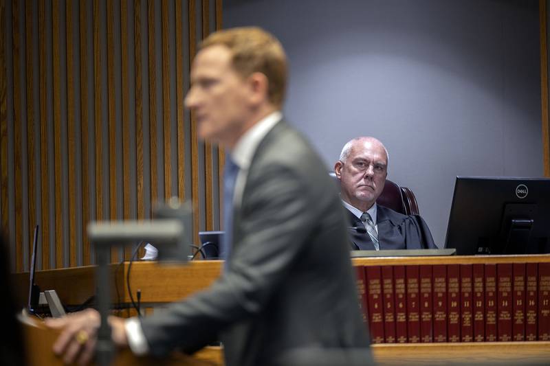 Judge James Heuerman looks on Friday, Nov. 14, 2025, during closing statements in the Ramos wrongful death trial.