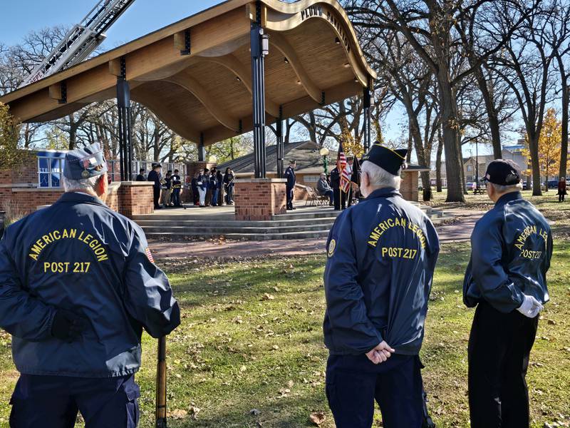 American Legion Post 217 members stand guard prior to firing volleys during a Veterans Day ceremony Monday, Nov. 11, 2024, at Streator City Park.