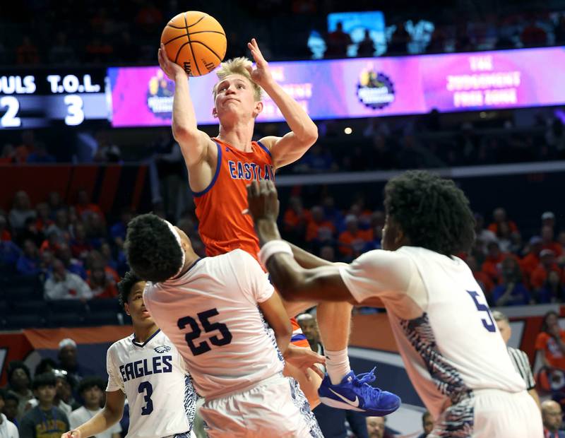 Eastland's Adam Awender shoots over Chicago Hope Academy's Malik Meridy during their IHSA Class 1A state championship game Saturday, March 15, 2025, in the State Farm Center at the University of Illinois in Champaign.