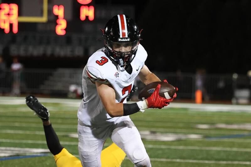 Lincoln-Way Central’s Nolan Morrill heads upfield after a catch against Providence on Friday, Sept. 6, 2024 in New Lenox.