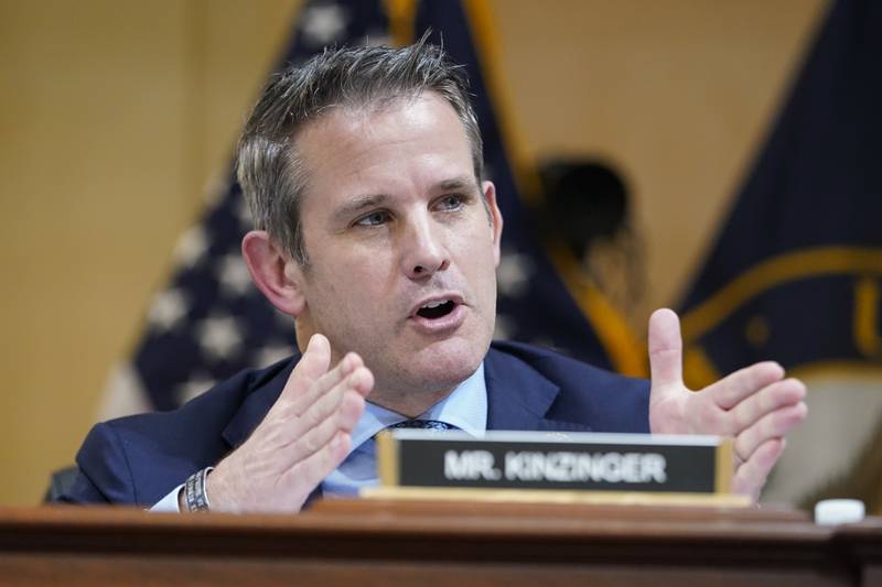 FILE - Rep. Adam Kinzinger, R-Ill., speaks as the House select committee investigating the Jan. 6 attack on the U.S. Capitol continues to reveal its findings of a year-long investigation, at the Capitol in Washington, June 23, 2022. (AP Photo/Jacquelyn Martin, File)
