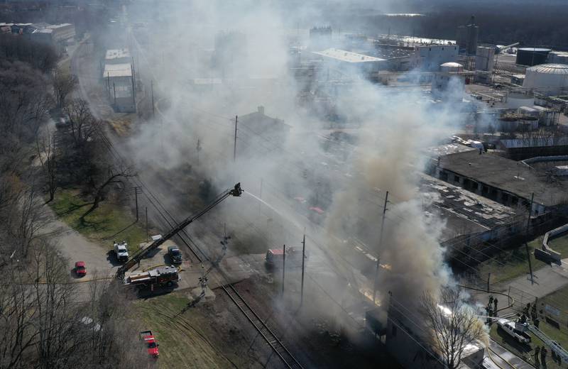 Ottawa firefighters spray water on the former Platform 31 tavern on Monday, March 24, 2025 on Water Street in Peru. The fire was upgraded to a three-alarm summing ire departments from La Salle, Utica, Mendota, Tonica, Ottawa, Ladd, Spring Valley, Lostant, Cedar Point, Troy Grove and Peru responded to the fire.