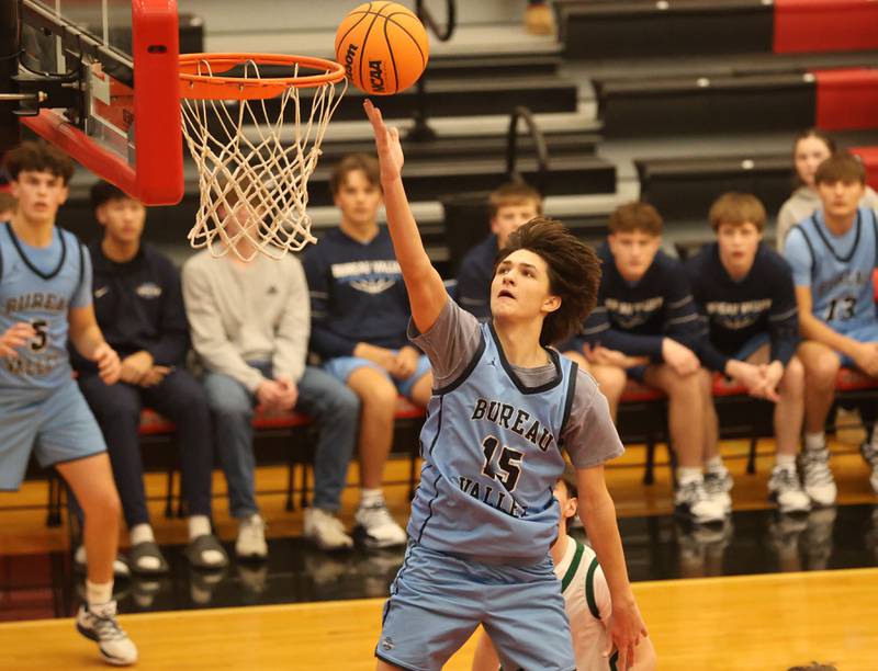 Bureau Valley's Wyatt Birkey runs in to score against St. Bede during the Colmone Classic on Thursday, Dec. 11, 2025 at Hall High School.
