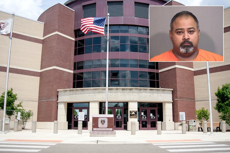 Inset of Jonathan Gomes in front of Northwest Herald file photo of the McHenry County courthouse.