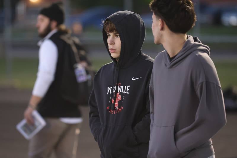 Yorkville’s Joel Castillo stands on the sidelines at the IHSA Southwest Suburb Showcase combine on Thursday, May 7, 2026 at Plainfield North High School.
