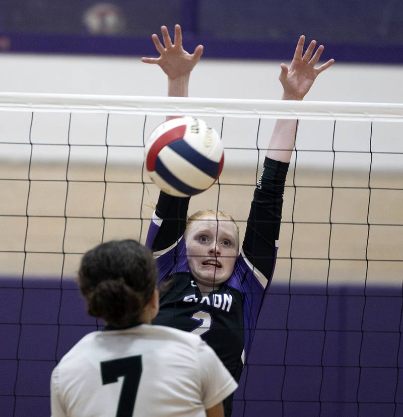 Dixon’s Madyson Tichler goes up for the block against North Boone Tuesday, Sept. 24, 2024, in Dixon.