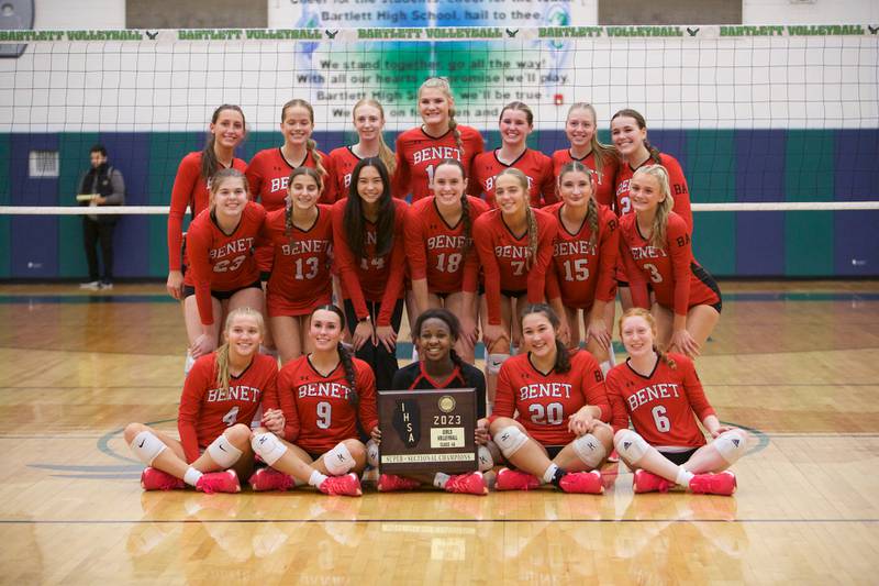 Benet celebrates winning the Class 4A Super Sectional Final  against New Trier on Friday, Nov.3,2023 in Bartlett.