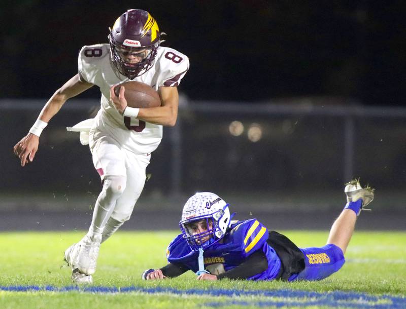 Richmond-Burton’s Joseph Larsen breaks free for a long run in IHSA football Class 3A second-round playoff action at Bob Stewart Field on the campus of Aurora Central Catholic High School in Aurora on Friday, November 7, 2025.