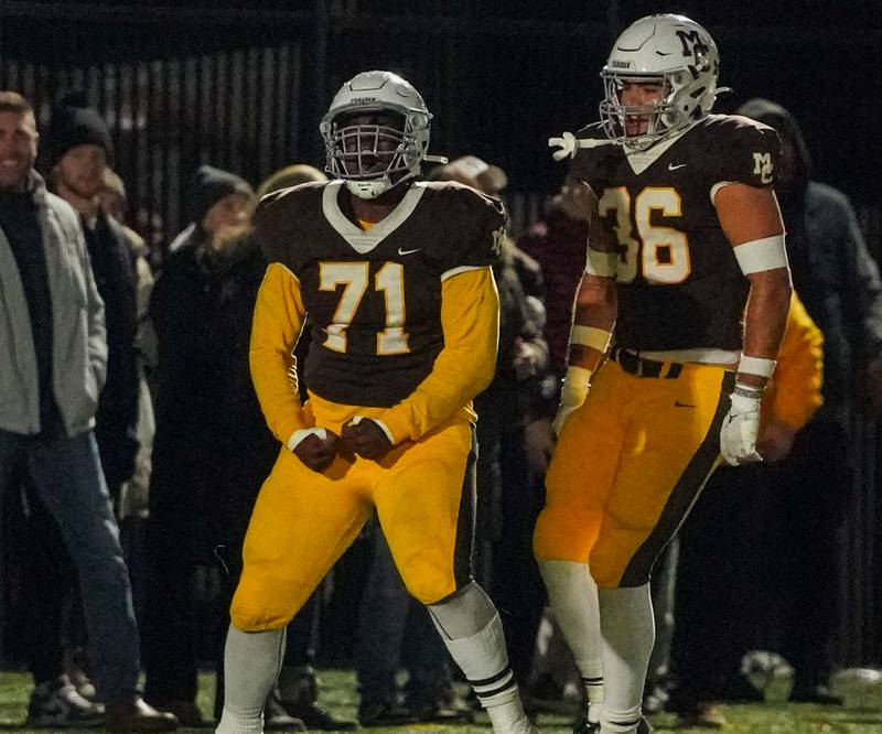 Mt. Carmel's Tavon Rice (71) reacts after sacking Batavia’s Ryan Boe (not pictured) for a loss during a class 7A semifinal football playoff game at Mt. Carmel High School in Chicago on Saturday, Nov 18, 2023.