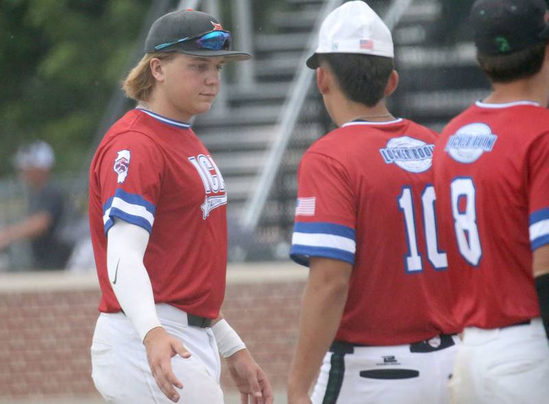 DeKalb's Brodie Farrell hi-fives Rock Falls player Auston Casteneda during the ICA Senior Baseball All Star Game on Monday, June 30, 2025 at Schweickert Stadium in Peru.