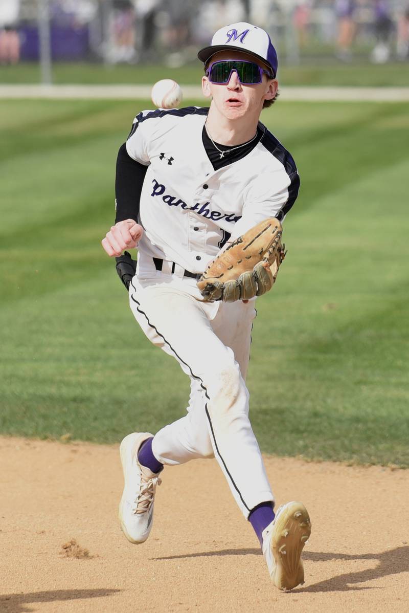 Manteno's Jake Wendling looks to catch a pop up during a home game against Reed-Custer Monday, April 14, 2025.