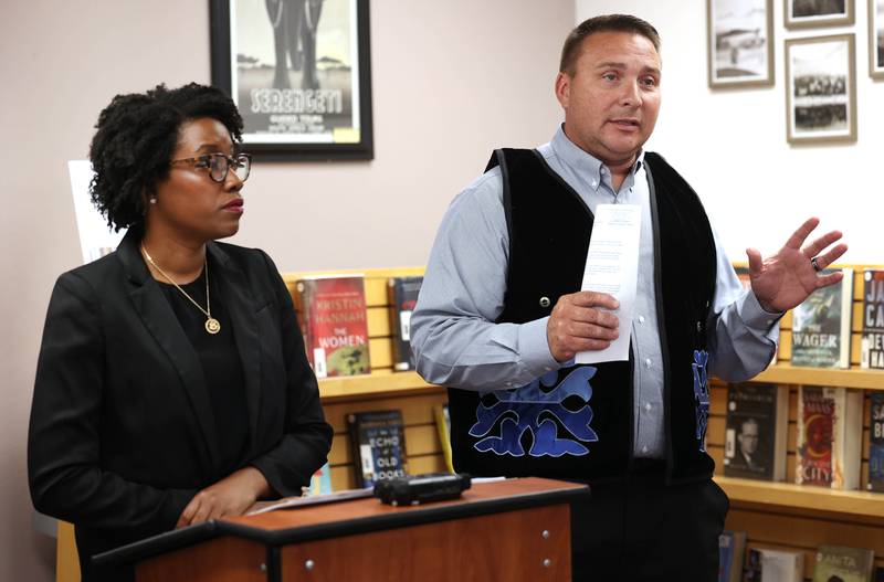 U.S. Rep. Lauren Underwood, D-Naperville, and Raphael J. Wahwassuck a tribal council member from the Prairie Band Potawatomi Nation answer a question Monday, Aug. 5, 2024, at the Flewellin Memorial Library in Shabbona during a community conversation regarding the Prairie Band Nation Potawatomi Tribe land transfer.