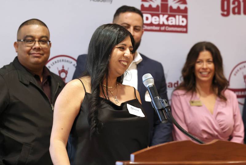 Olivia Pacheco from El Jimador Mexican Grill speaks after being named as the 2023 Business of the Year Thursday, Feb. 8, 2024, during the DeKalb Chamber of Commerce’s Annual Celebration Dinner in the Barsema Alumni and Visitors Center at Northern Illinois University.