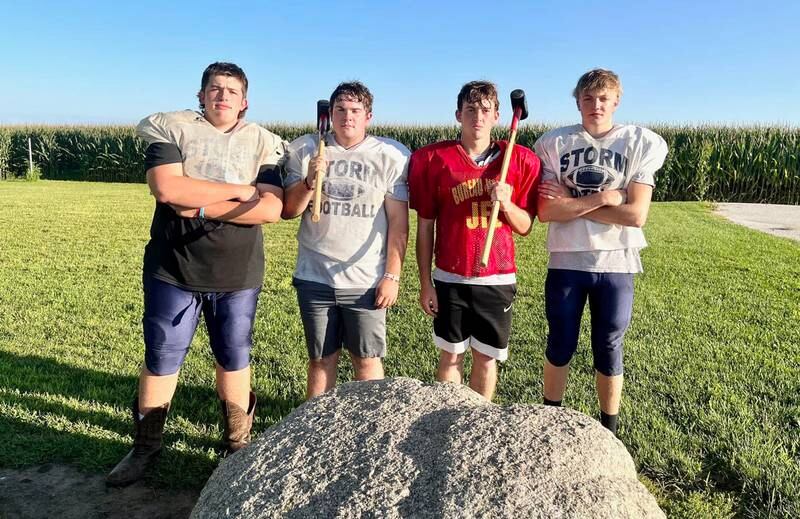Pounding the Stone as team captains for the 2022 Bureau Valley football team are junior Jon Dybek (from left to right), senior Cam Lillie, senior Isaac Attig and and junior Connor Scott.