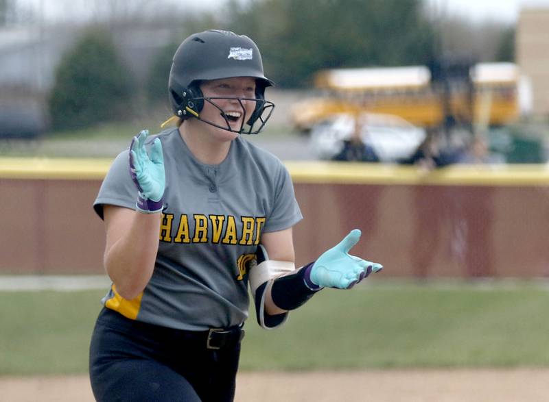 Harvard's Leona Eichholz celebrates her home run to give Harvard the lead over Richmond-Burton during a Kishwaukee River Conference softball game on Thursday, April 9, 2026, at Richmond-Burton High School.