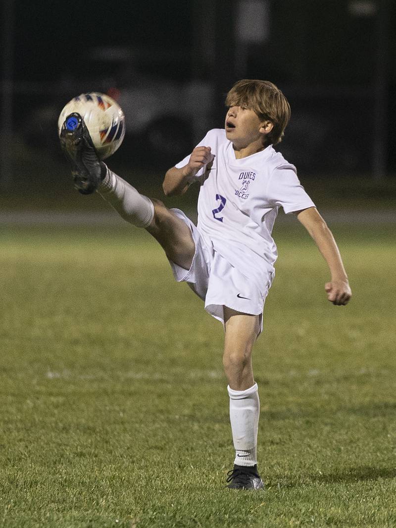 Dixon’s Braden Brigl makes a play against Geneseo Wednesday, Oct. 23, 2024, during the class 2A soccer regional in Geneseo.