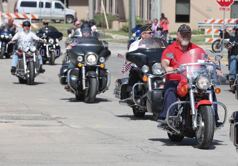 Motorcyclists head east on Elm Street Monday, May 29, 2023, during the Sycamore Memorial Day parade.