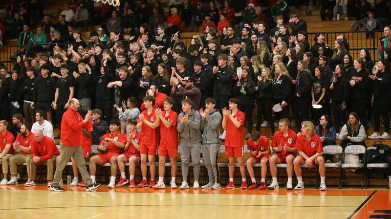 L-P basketball players and super fans cheer on the Cavs as they play Peoria during the Class 3A Sectional semifinal game on Wednesday, March 5, 2025 at Washington High School.