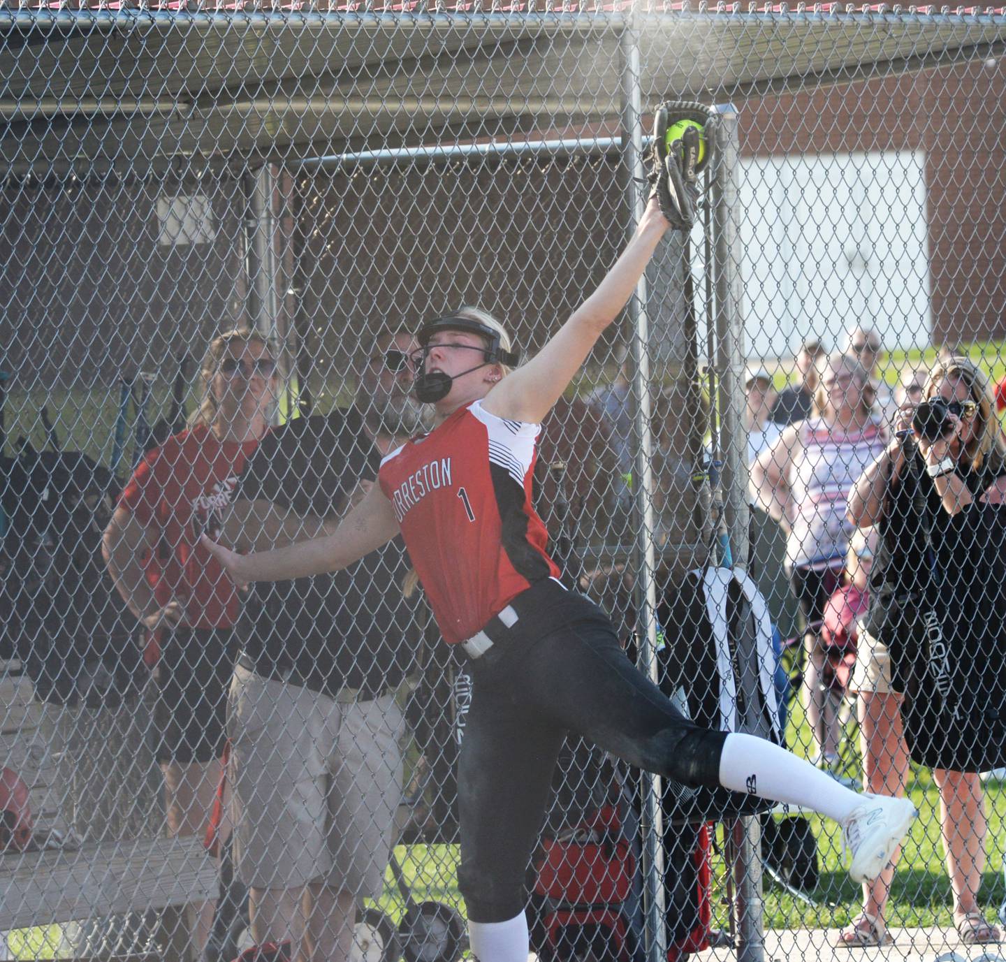 Forreston's Rylee Broshous catches a pop fly for an out during the 1A Forreston Sectional against Orangeville on Tuesday, May 23. The Cardinals lost the game 9-1.