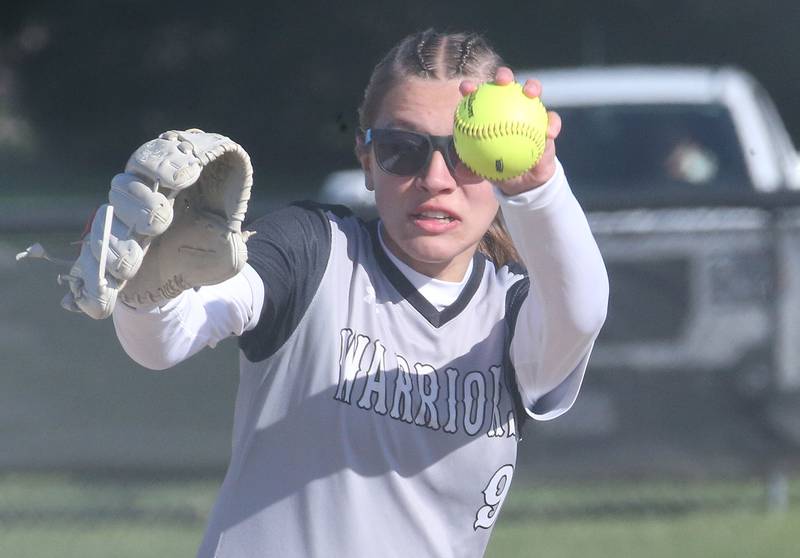 Woodland/Flanagan-Cornell pitcher Brooklyn Delheimer fires a pitch to St. Bede on Tuesday, April 8, 2025 at Woodland High School.