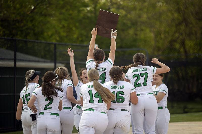 The Rock Falls Rockets celebrate their regional win over North Boone 2-0 Friday, May 19, 2023.