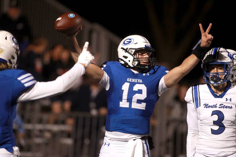 Geneva quarterback Tony Chahino celebrates a touchdown on Friday, Oct. 25, 2024 during a game against St. Charles North at Geneva.