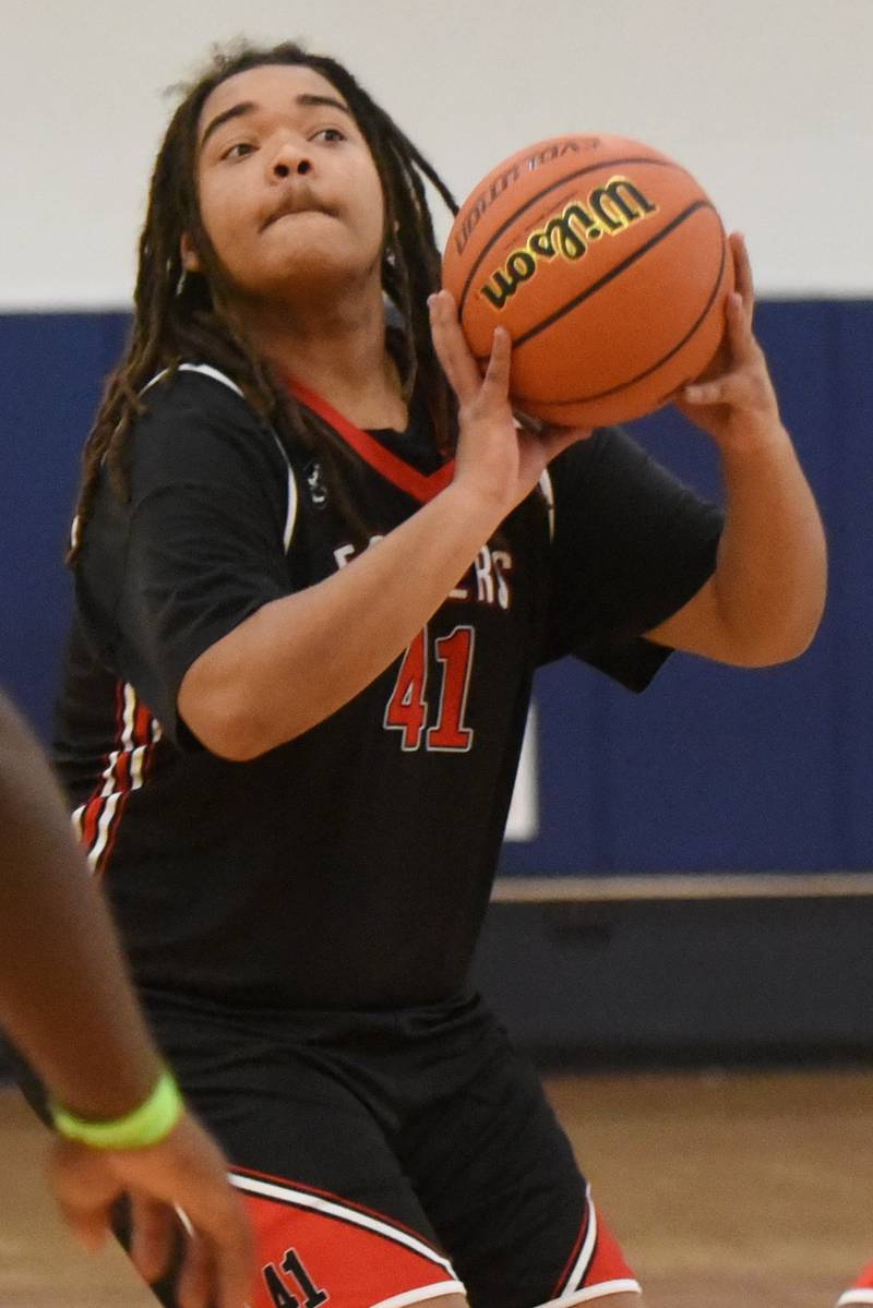 Bradley-Bourbonnais' Zyire McCoffin eyes a 3-pointer during the IHSA Class 2A Special Olympics Unified State championship against Vaughn/St. Patrick at the University of Illinois Activities and Recreation Center Saturday, March 14, 2026.