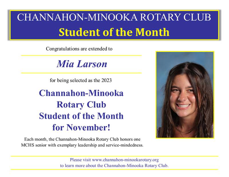 Channahon-Minooka Rotary Club Student of the Month Mia Larson, who won the award for November.