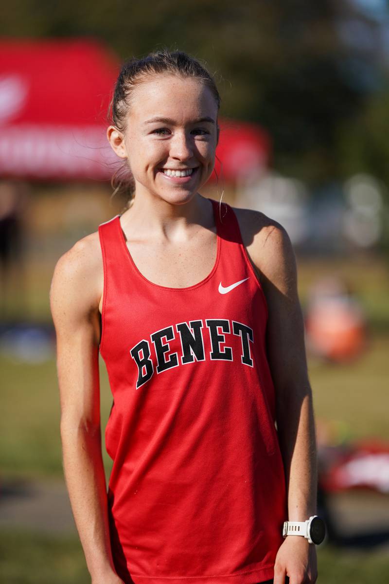 Benet’s Delilah Helenhouse took first place in the Eddington cross country invitational at Kaneland High School in Maple Park on Saturday, Sep 21, 2024.