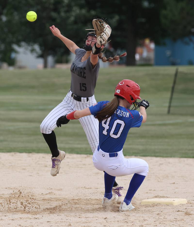 Sycos’ Leah Harbecke reaches for the throw on a stolen base attempt Friday, June 27, 2025, during their 16u game against Select Fastpitch in the Storm Days tournament at the Sycamore Community Sports Complex.
